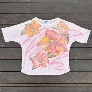 Pink Large Floral Graphic Cotton Vintage Jilly Shirt Tee Made in USA